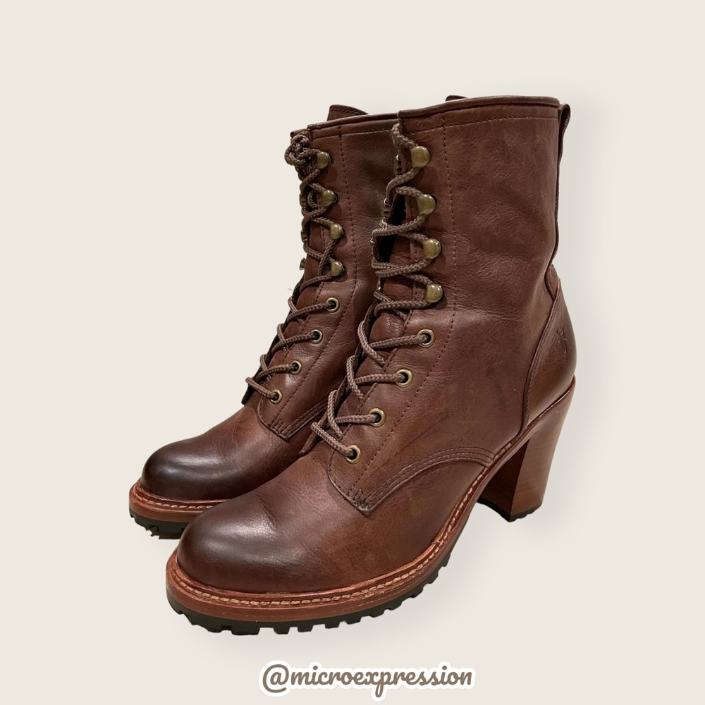 $498 Frye Lucy Vintage Lace-Up Distressed Cognac Brown Leather Heeled Ankle Boot - Picture 8 of 11